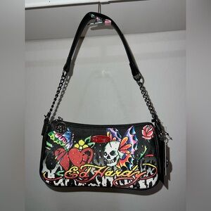 Ed Hardy Black Shoulder Bag with Multicolor Heart, Skull & Floral Art